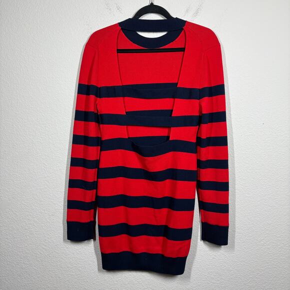 Monse Large Striped Cut Out Knit Mini Dress Red Black Wool Blend Long Sleeves - Picture 4 of 11